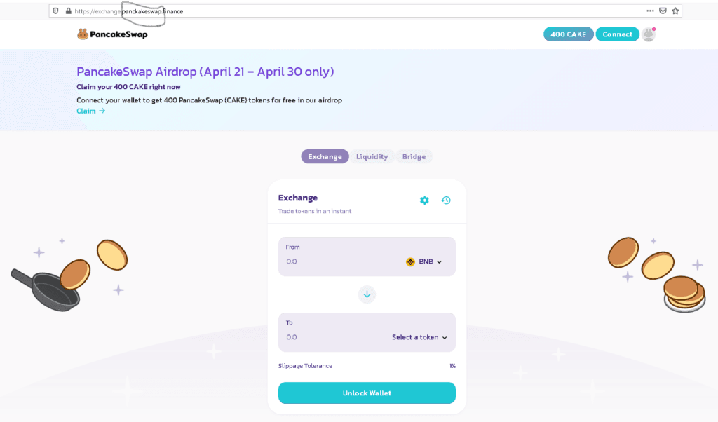 フェイクエアドロップ:PancakeSwap(パンケーキスワップ) Airdrop(エアドロップ) Cake400