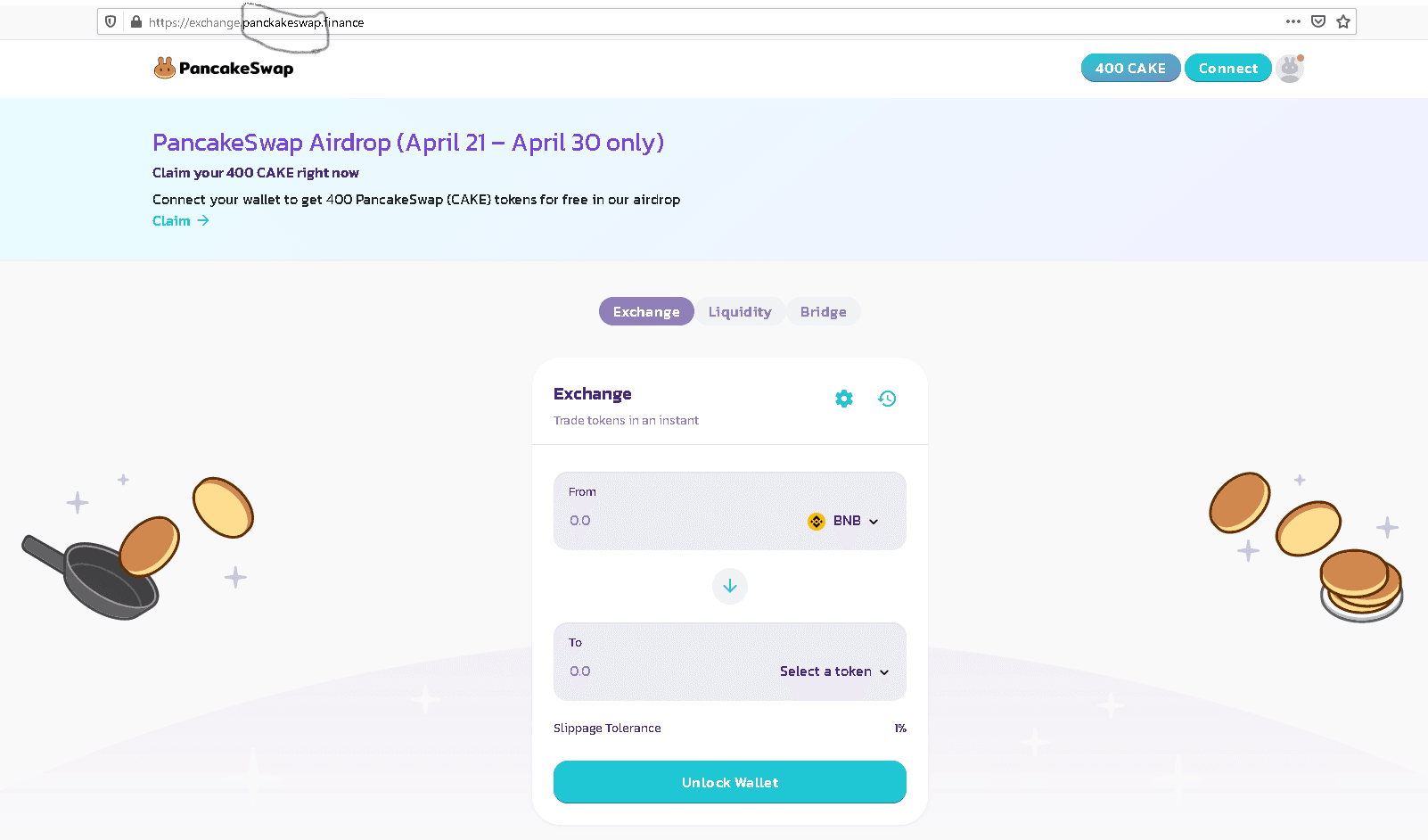 フェイクエアドロップ：PancakeSwap（パンケーキスワップ） Airdrop（エアドロップ） Cake400