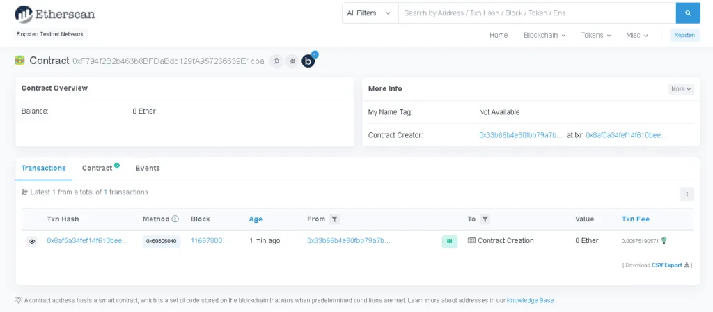 View your transaction address on Etherscan RopstenEthernetwork_after_deploy_MyNFTcontract