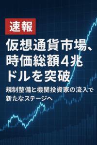 20250721_1606_仮想通貨市場急成長_simple_compose_01k0nwrgk0f8cbskstxe9wmn17 【速報】仮想通貨市場、時価総額4兆ドルを突破 ─ 規制整備と機関投資家の流入で新たなステージへ