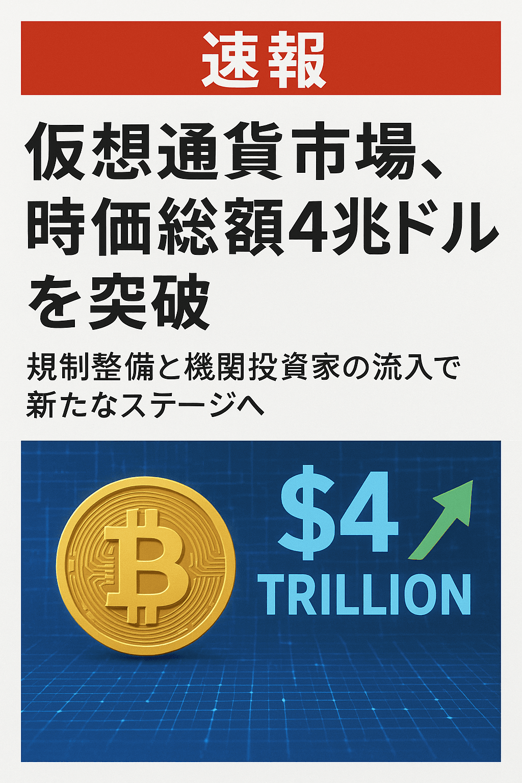 20250721_1606_仮想通貨市場急成長_simple_compose_01k0nwrgk1eyesg83dxpnfb7wf 【速報】仮想通貨市場、時価総額4兆ドルを突破 ─ 規制整備と機関投資家の流入で新たなステージへ 終わり