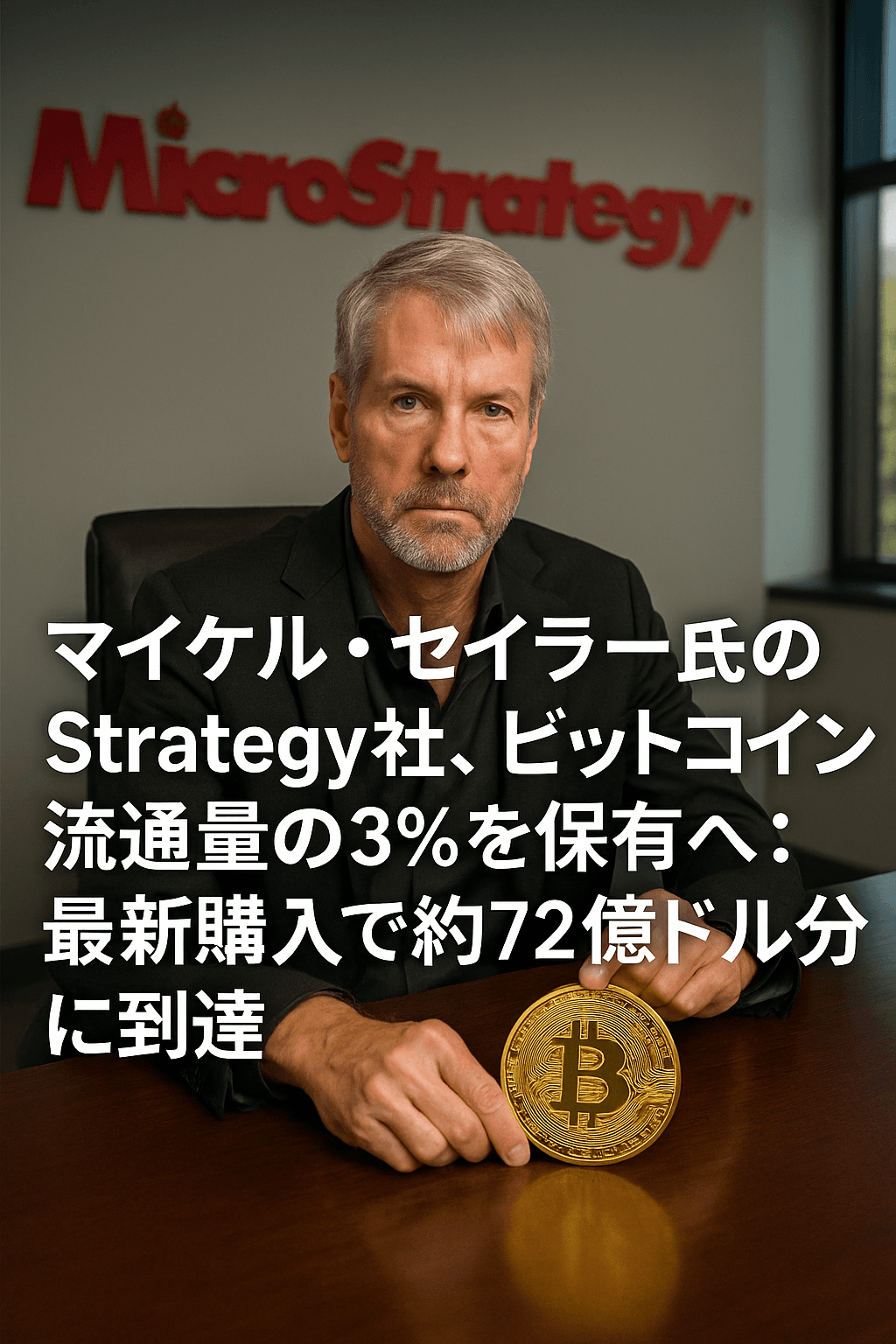20250726_0520_セイラー社のビットコイン購入_simple_compose_01k11krtshfh4at9fscbd76ggj マイケル・セイラー氏のStrategy社、ビットコイン流通量の3%を保有へ:最新購入で約72億ドル分に到達 コンテンツ開始