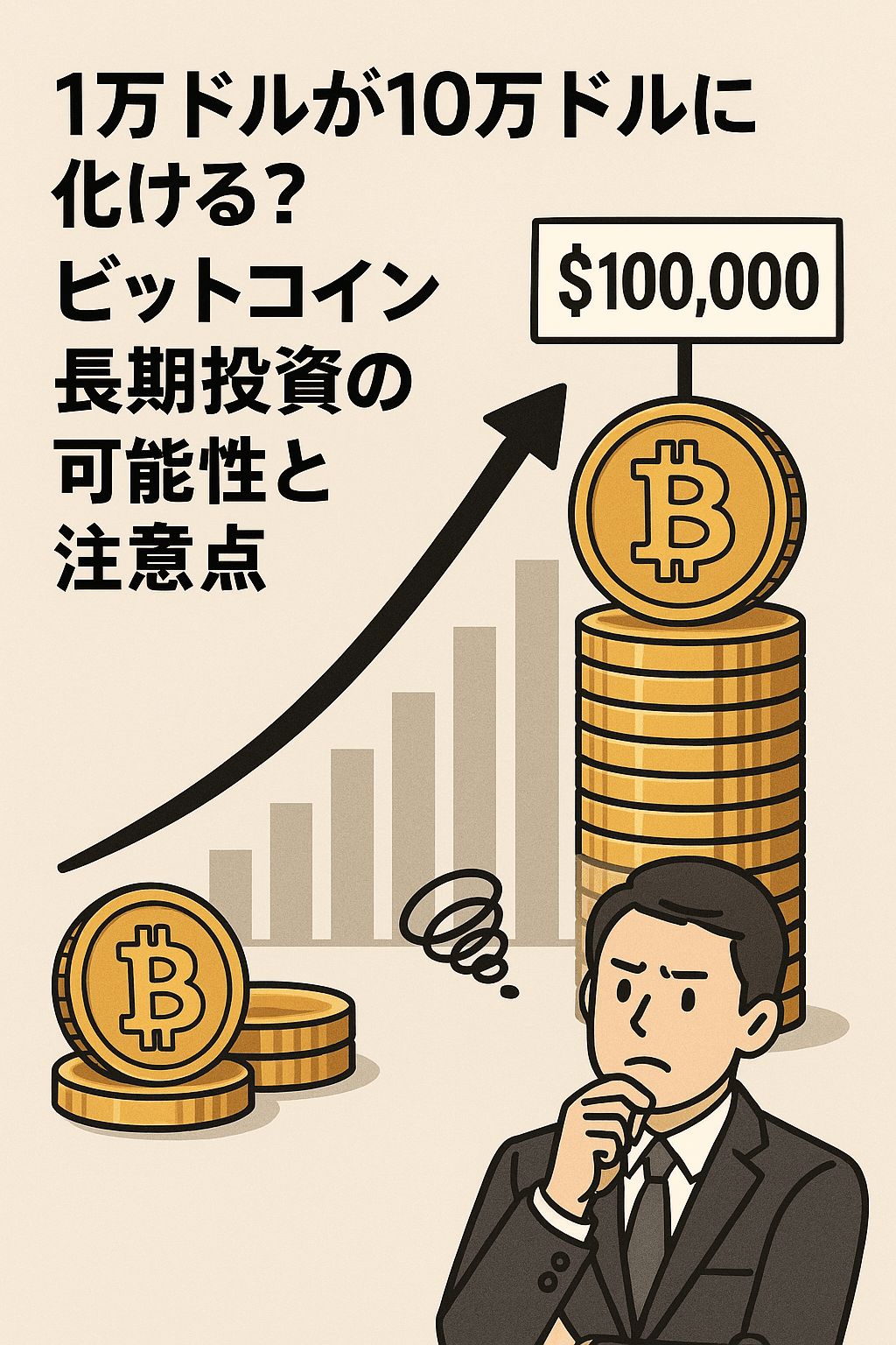 20250726_0650_ビットコイン投資の未来_simple_compose_01k11ryafefh7razqdc1a5h785 1万ドルが10万ドルに化ける?ビットコイン長期投資の可能性と注意点 コンテンツ開始