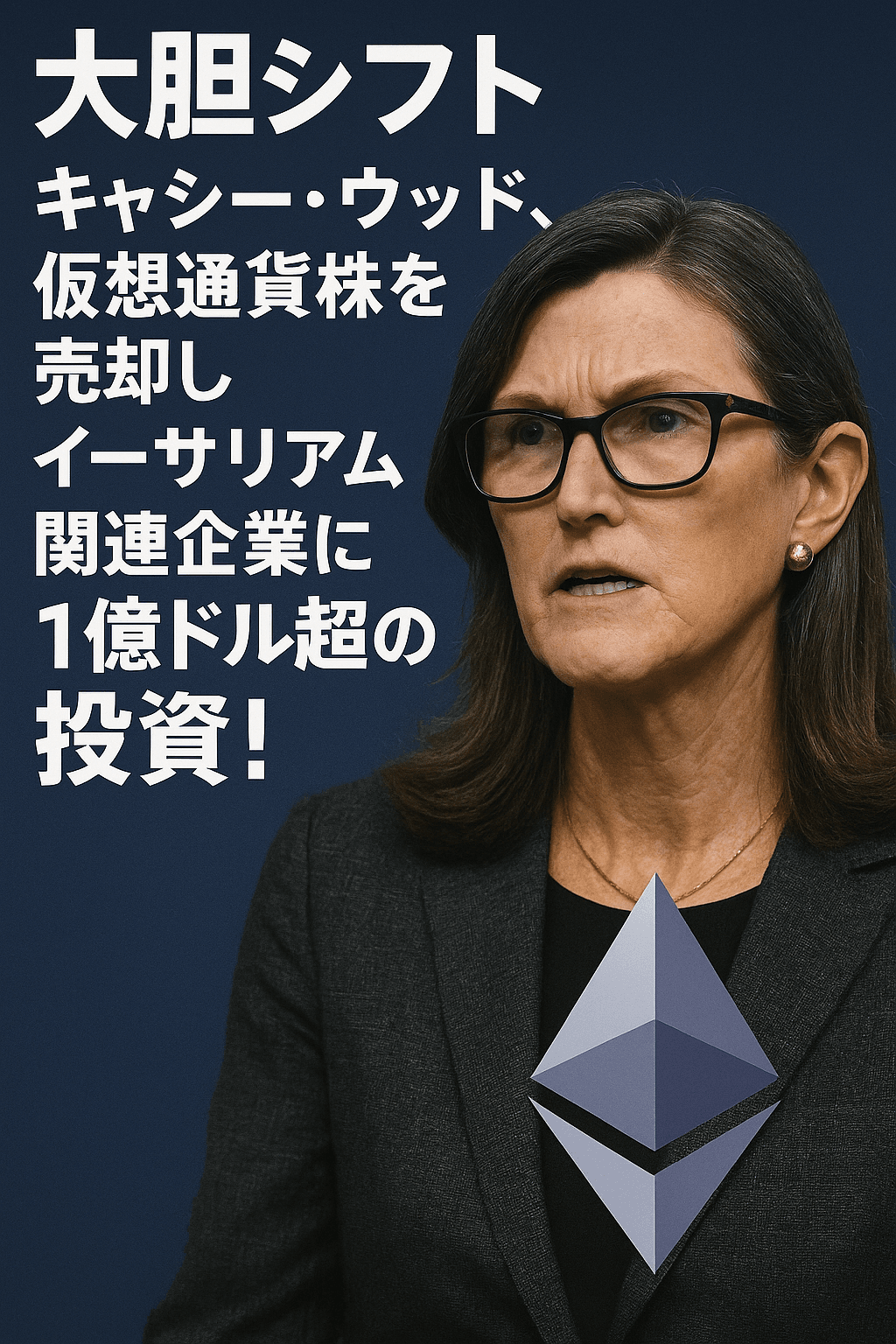 20250727_1926_イーサリアム投資_simple_compose_01k15pkbcdf9avzy1zp162zba8 【大胆シフト】キャシー・ウッド、仮想通貨株を売却しイーサリアム関連企業に1億ドル超の投資! コンテンツ開始