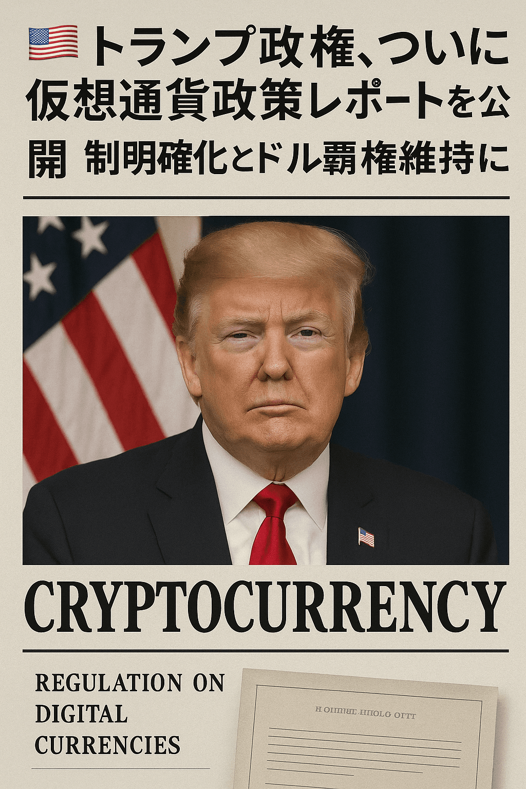 20250801_0603_トランプ政権の仮想通貨政策_simple_compose_01k1h4mpabedd84s2yg6scyyek 🇺🇸トランプ政権、ついに仮想通貨政策レポートを公開──規制明確化とドル覇権維持に焦点 コンテンツ開始