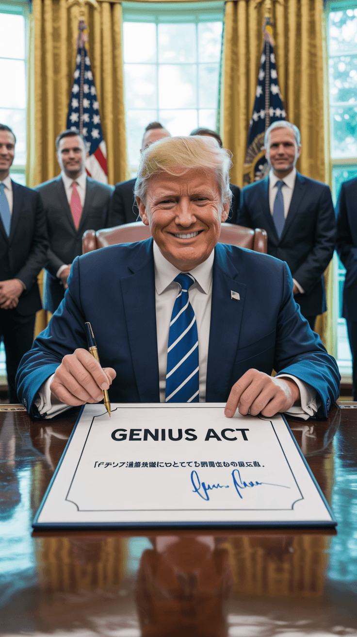 a-photograph-of-donald-trump-smiling-con_4efDv-69TUa12-sdGBfWSg_MuobXlRZSWCm-dmw1yH-ug 【速報】トランプ大統領が「GENIUS法」に署名──仮想通貨業界にとって歴史的転換点 終わり