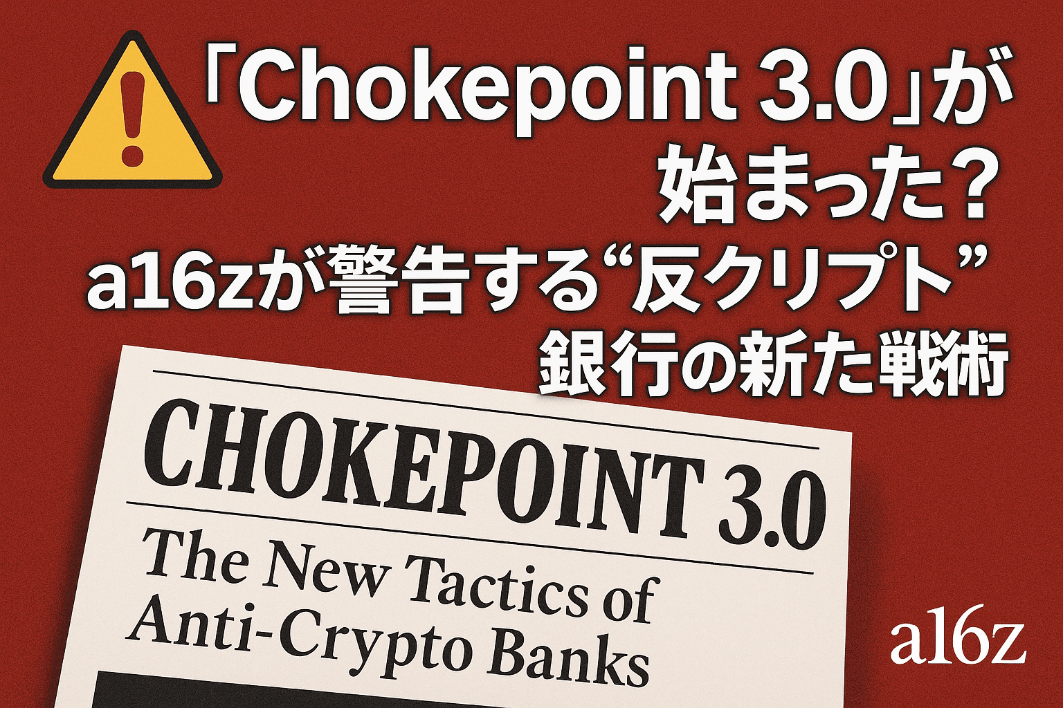 🚨「Chokepoint 3.0」が始まった?a16zが警告する“反クリプト”銀行の新たな戦術