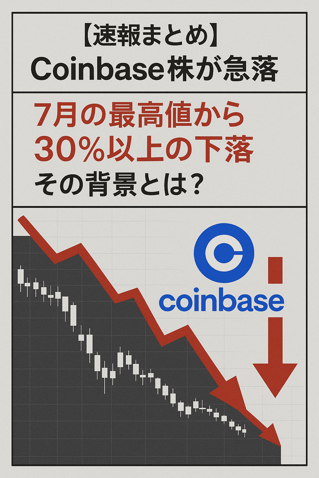 20250807_0724_Coinbase株価急落_simple_compose_01k20qn10qex1sp4c551q5cd5h 【速報まとめ】Coinbase株が急落──7月の最高値から30%以上の下落、その背景とは?