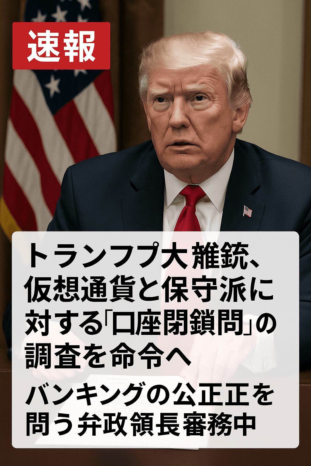 20250807_0811_トランプと仮想通貨調査_simple_compose_01k20tb90fe3h87sv7jr37tvvf 【速報】トランプ大統領、仮想通貨と保守派に対する「口座閉鎖問題」の調査を命令へ──バンキングの公正性を問う大統領令を準備中 コンテンツ開始