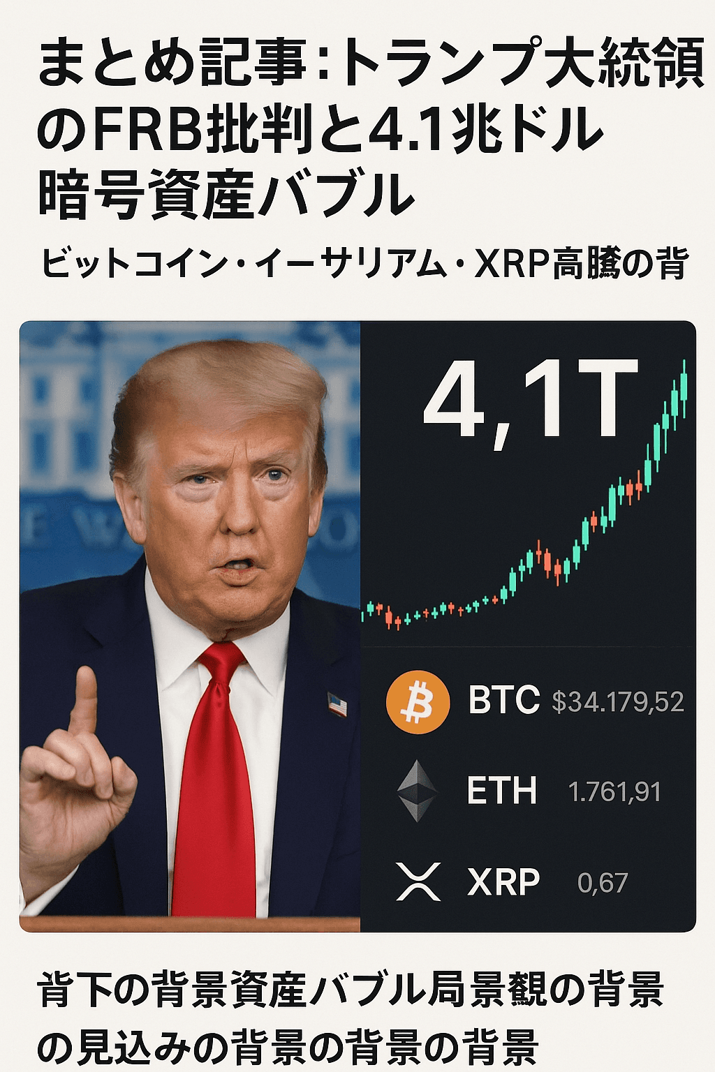 20250817_1732_暗号資産と市場動向_simple_compose_01k2vjdvzbevdah5r01h7ewwyg まとめ記事:トランプ大統領のFRB批判と4.1兆ドル暗号資産バブル ― ビットコイン・イーサリアム・XRP高騰の背景