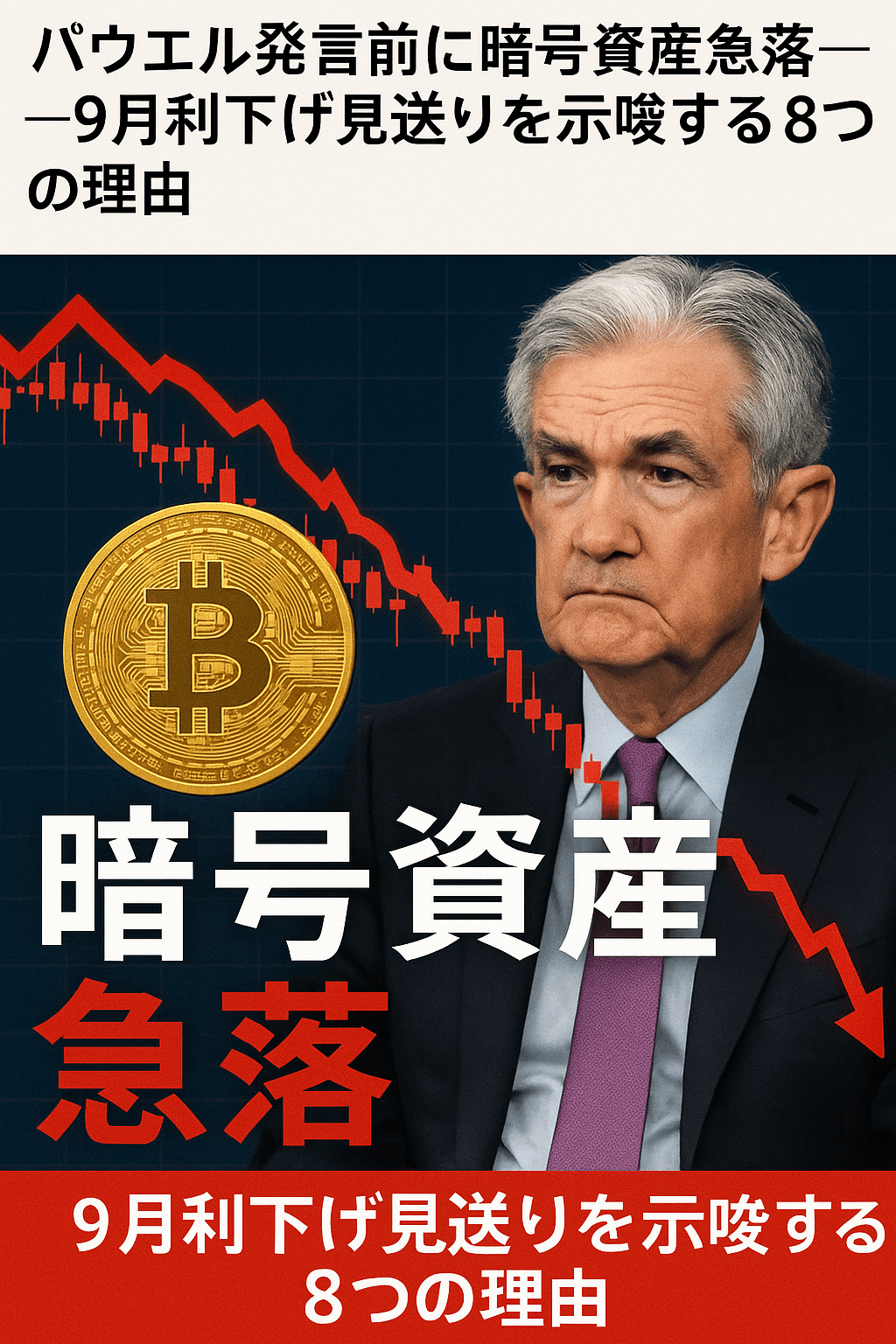 20250821_0645_暗号資産急落の理由_simple_compose_01k34q0e1bebmsqeeh8s2jhc1g パウエル発言前に暗号資産急落──9月利下げ見送りを示唆する8つの理由