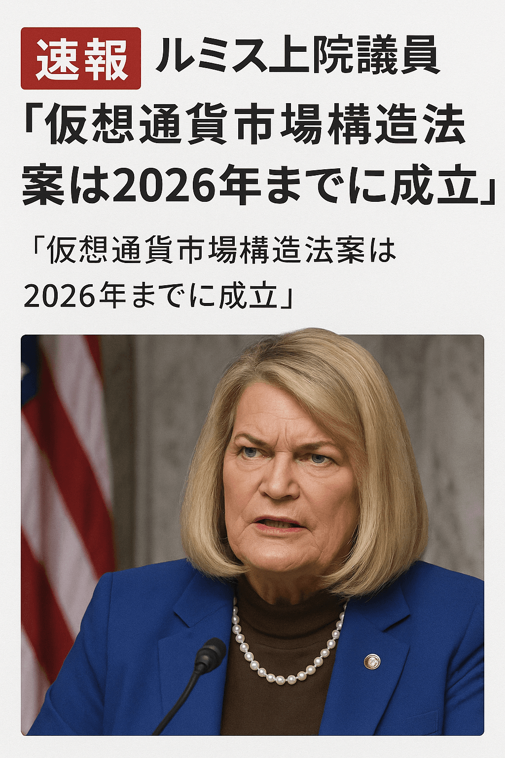 20250827_0716_仮想通貨法案成立予測_simple_compose_01k3m74ggmej29633ejnz0qf4m 【速報】ルミス上院議員「仮想通貨市場構造法案は2026年までに成立」コンテンツ開始