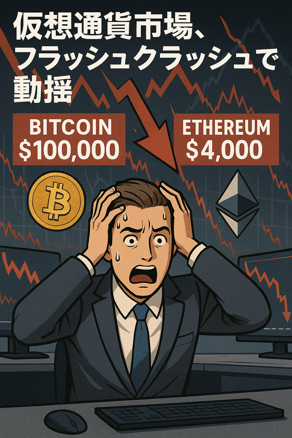 仮想通貨市場、フラッシュクラッシュで動揺、ビットコイン10万ドル・イーサリアム4,000ドルへの下落警戒