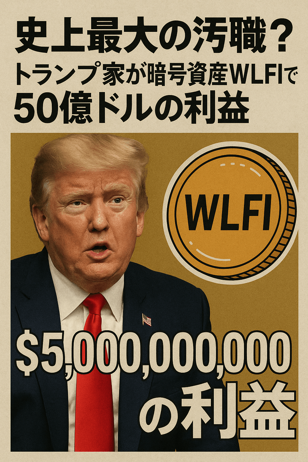 20250905_1008_トランプ家の巨額利益_simple_compose_01k4bpk38fezx9a8fm71cw5sm7 史上最大の汚職?トランプ家が暗号資産WLFIで50億ドルの利益