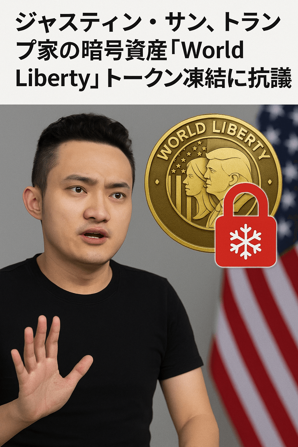 20250907_1056_暗号資産凍結抗議_simple_compose_01k4gy302henya6djztea8ey8g まとめ記事:ジャスティン・サン、トランプ家の暗号資産「World Liberty」トークン凍結に抗議
