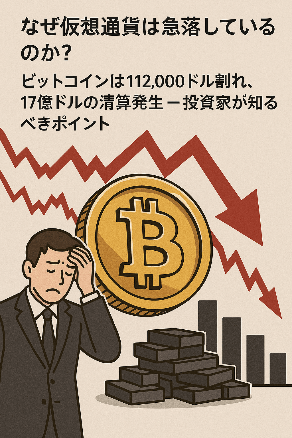 20250923_0719_仮想通貨の急落_simple_compose_01k5sr13fffn8tpwbae5frx972 なぜ仮想通貨は急落しているのか?ビットコインは112kドル割れ、17億ドルの清算発生 – 投資家が知るべきポイント