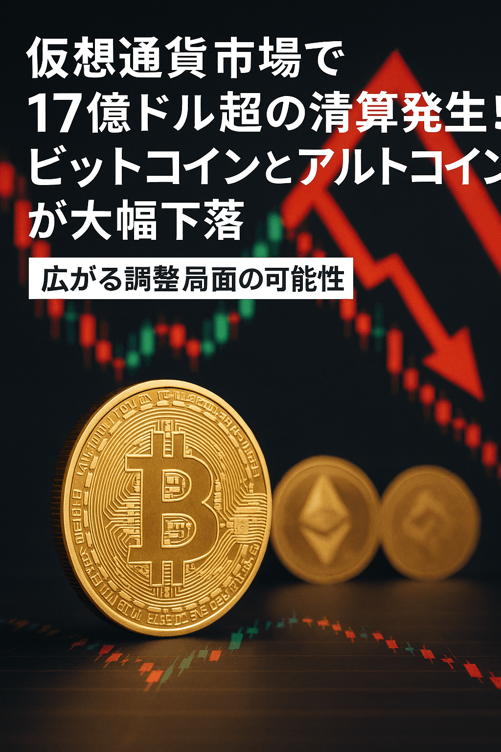 20250923_0722_仮想通貨市場の急落_simple_compose_01k5sr8pgwfn0ay9fammt05hpc 仮想通貨市場で17億ドル超の清算発生!ビットコインとアルトコインが大幅下落 – 広がる調整局面の可能性