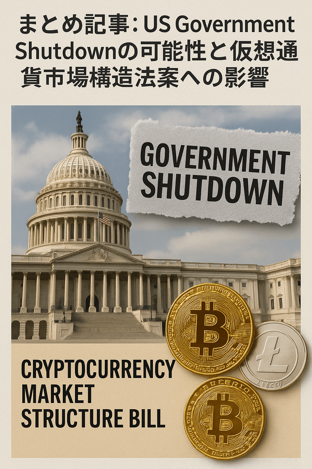 20251001_1026_政府閉鎖と仮想通貨_simple_compose_01k6enz031fmms0ex6m7ta4nrz まとめ記事:US Government Shutdownの可能性と仮想通貨市場構造法案への影響