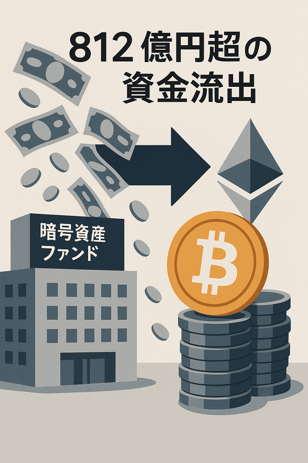 20251001_1033_資金流出の影響_simple_compose_01k6epb6zrekqv8ddydx38ceth 暗号資産ファンドから812億円超の資金流出──ビットコインとイーサリアムが直撃 コンテンツ開始