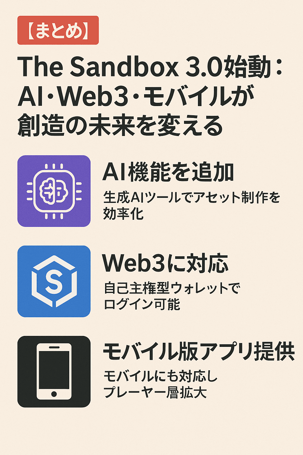 20251006_0759_The Sandbox 3.0革命_simple_compose_01k6v9jarzf2jb05cyryhpj0r5 🧩【まとめ】The Sandbox 3.0始動:AI・Web3・モバイルが創造の未来を変える