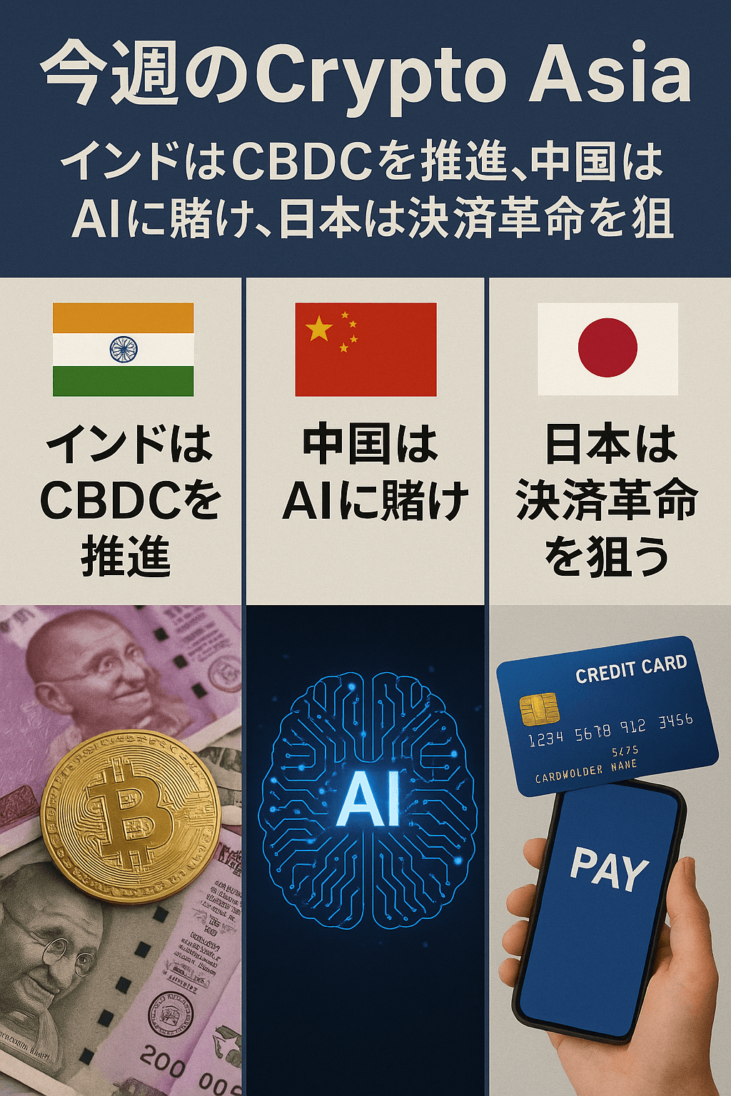 今週のCrypto Asia：インドはCBDCを推進、中国はAIに賭け、日本は決済革命を狙うコンテンツ開始