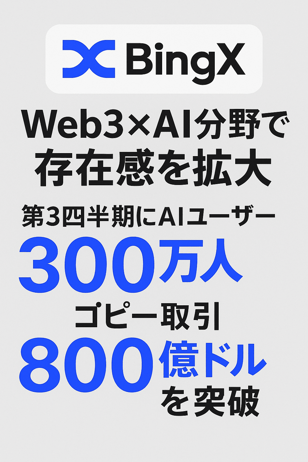 20251028_1043_BingXの成長とAI_simple_compose_01k8m7p8dxerx9f1zpnst20x1n BingX、Web3×AI分野で存在感を拡大:第3四半期にAIユーザー300万人・コピー取引800億ドルを突破 コンテンツ開始