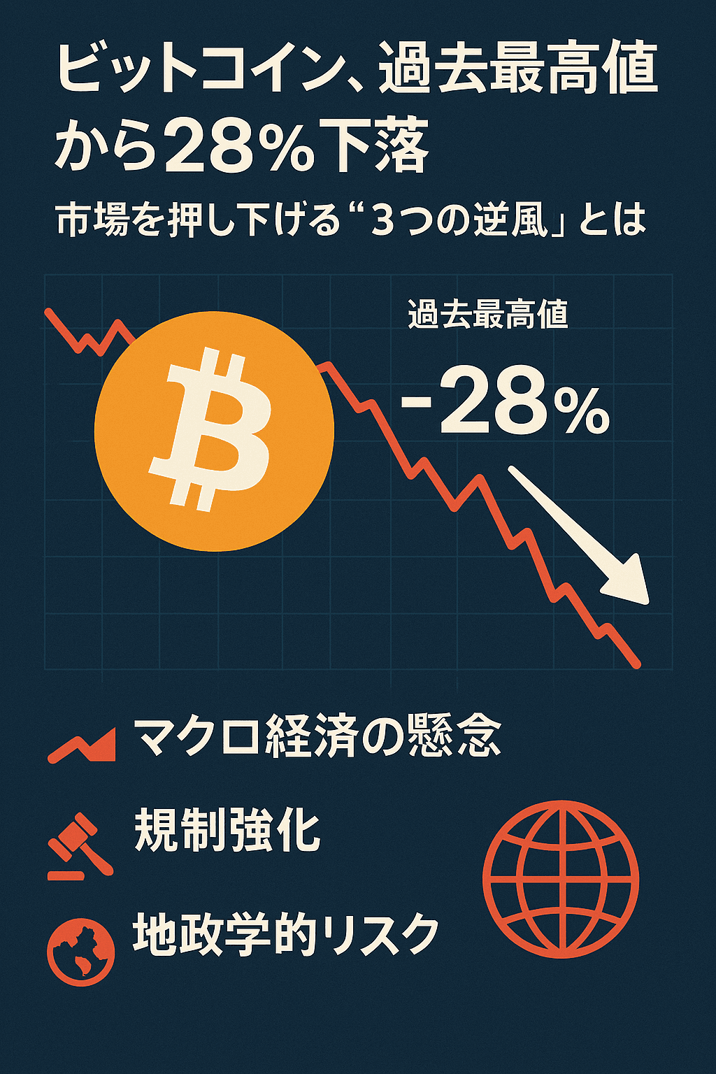 ビットコイン、過去最高値から28%下落──市場を押し下げる“3つの逆風”とは