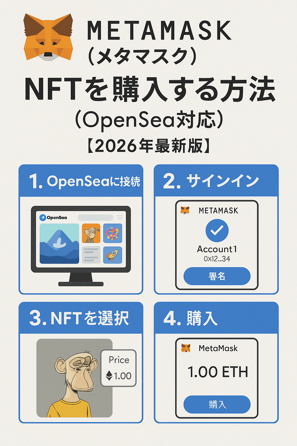 20251214_1137_NFT購入ガイド_simple_compose_01kcdbdj03fka99anwrcf3phjb METAMASK(メタマスク) でNFTを購入する方法(OpenSea対応)【2026年最新版】 コンテンツ開始