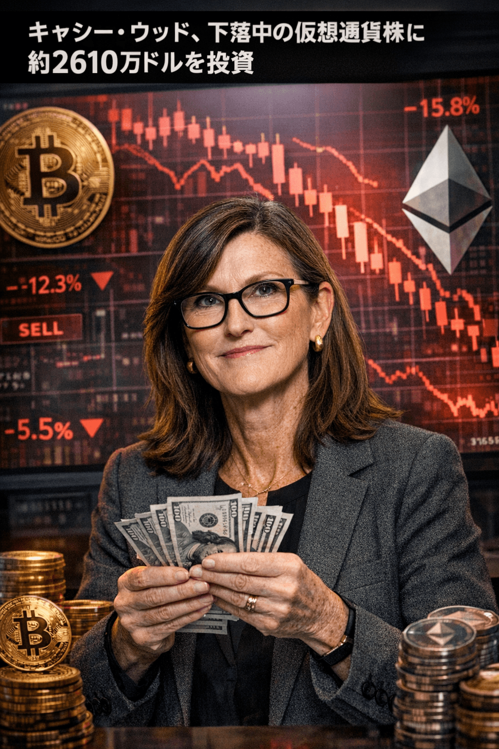 キャシー・ウッド、下落中の仮想通貨株に約2610万ドルを投資