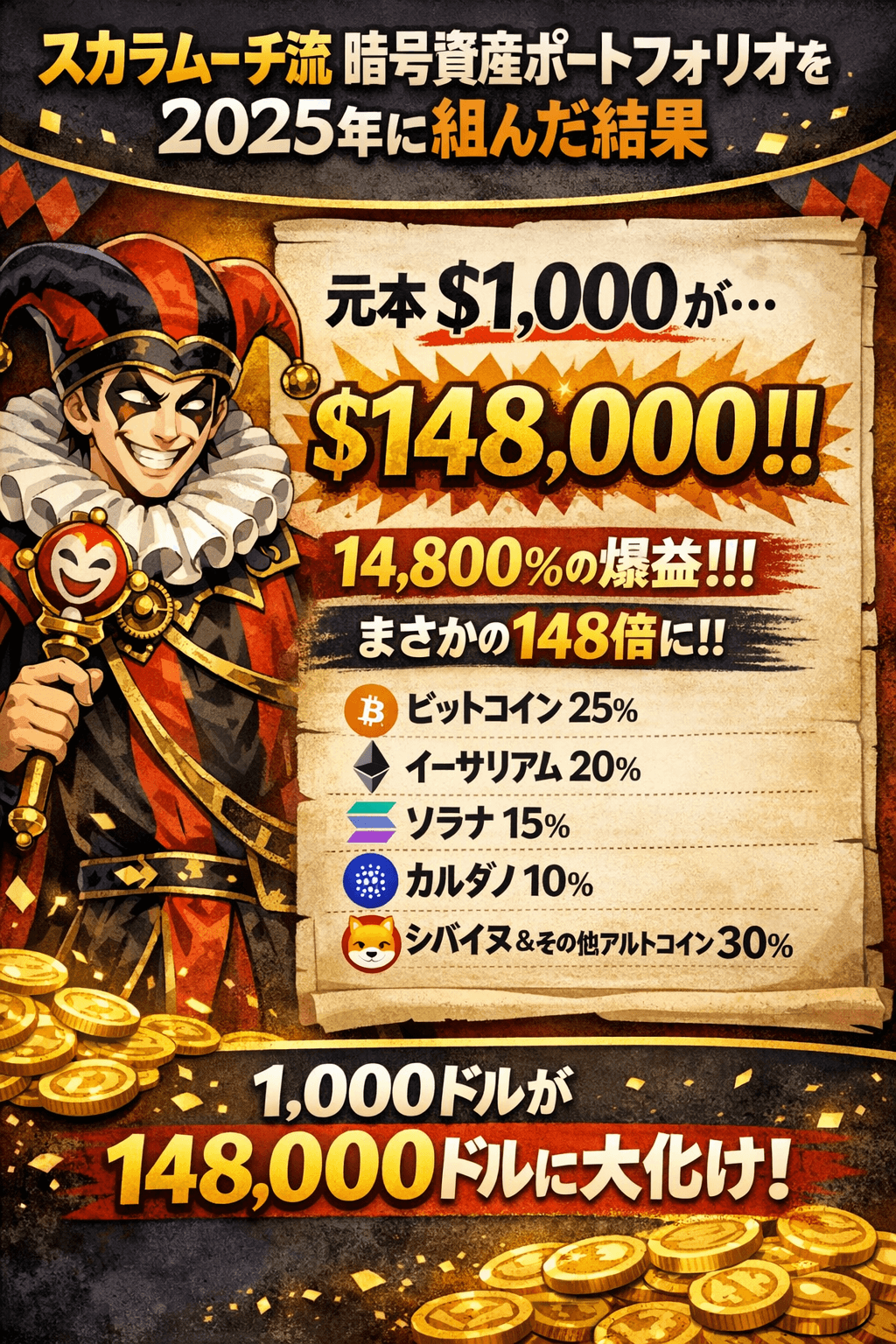 スカラムーチ流暗号資産ポートフォリオを2025年に組んだ結果｜1,000ドルは今いくら？