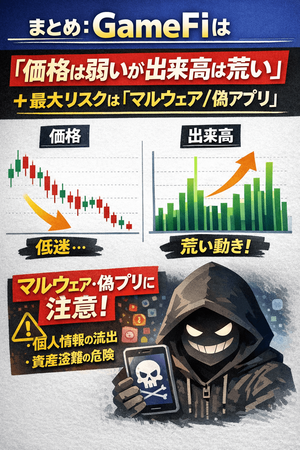 まとめ：GameFiは「価格は弱いが出来高は荒い」＋最大リスクは「マルウェア/偽アプリ」 コンテンツ開始
