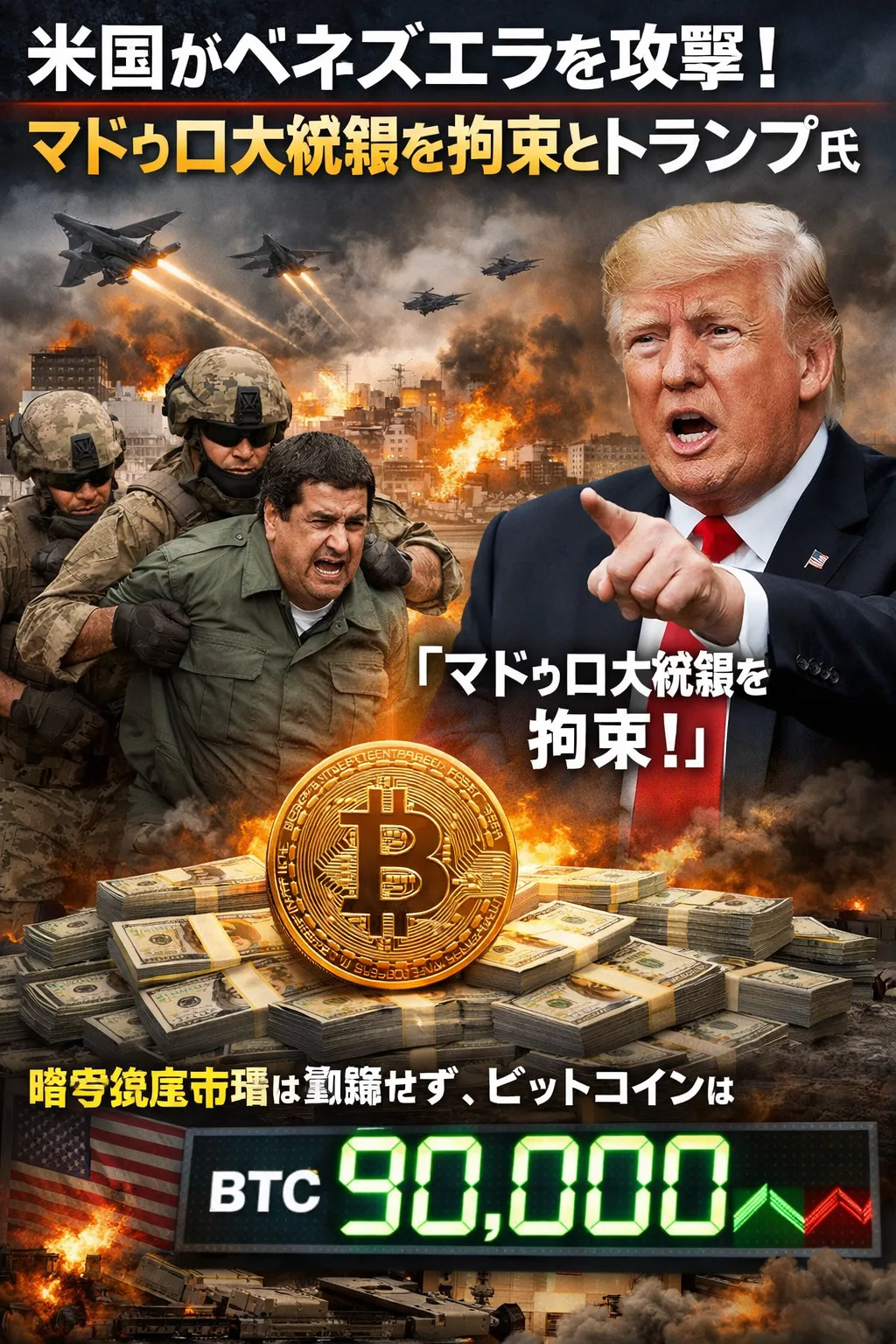 米国がベネズエラを攻撃、トランプ氏は「マドゥロ大統領を拘束」と主張― 暗号資産市場は動揺せず、ビットコインは約9万ドルを維持 - デジタル通貨クラブ