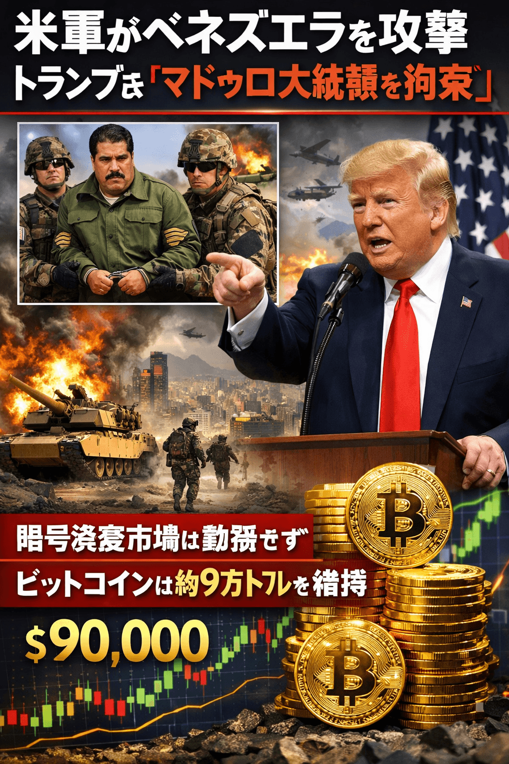 米国がベネズエラを攻撃、トランプ氏は「マドゥロ大統領を拘束」と主張― 暗号資産市場は動揺せず、ビットコインは約9万ドルを維持