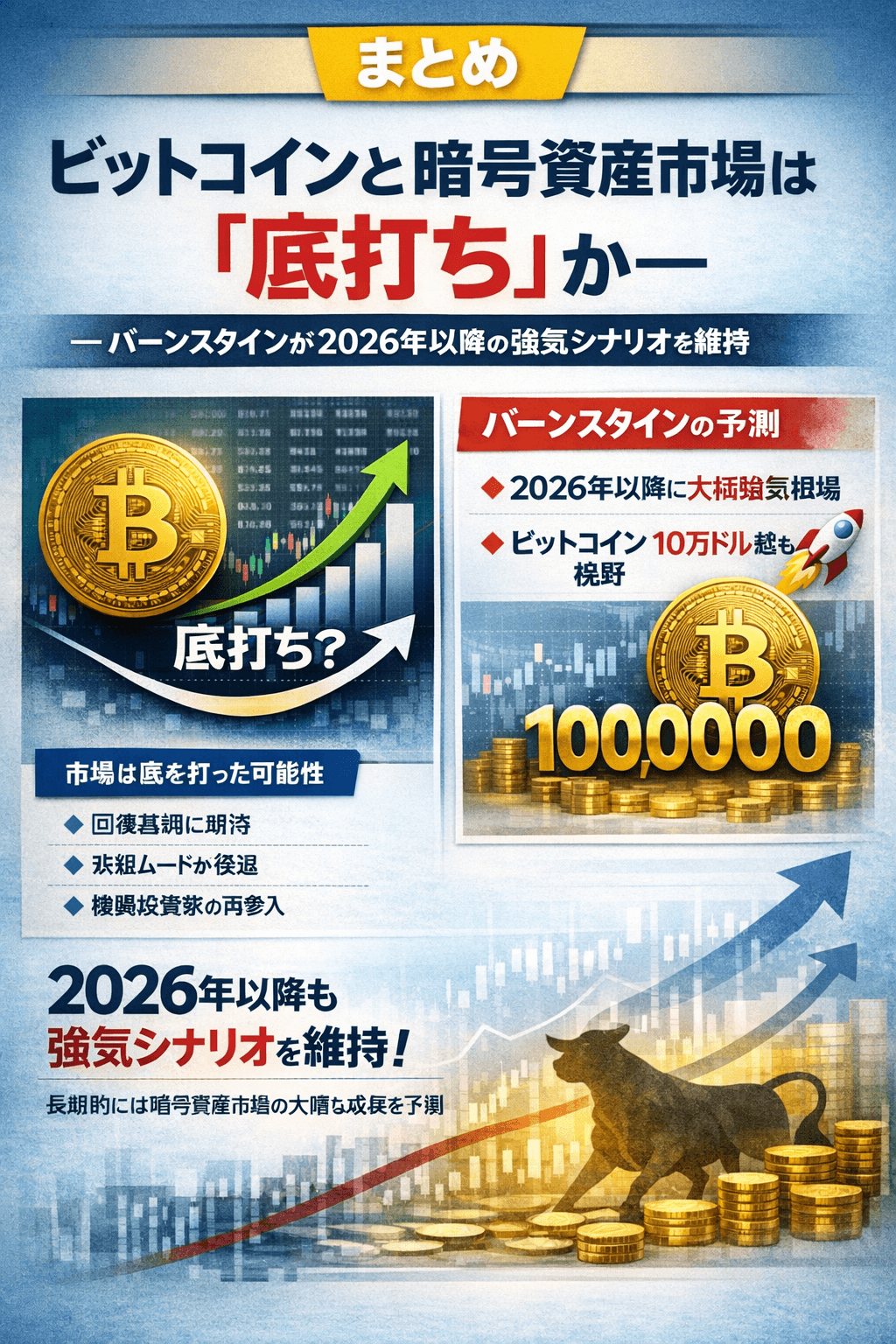 20260108_0947_ビットコイン強気シナリオ_simple_compose_01kedh3k43fqqtvnftarswq5kw 📌 まとめ:ビットコインと暗号資産市場は「底打ち」か― バーンスタインが2026年以降の強気シナリオを維持