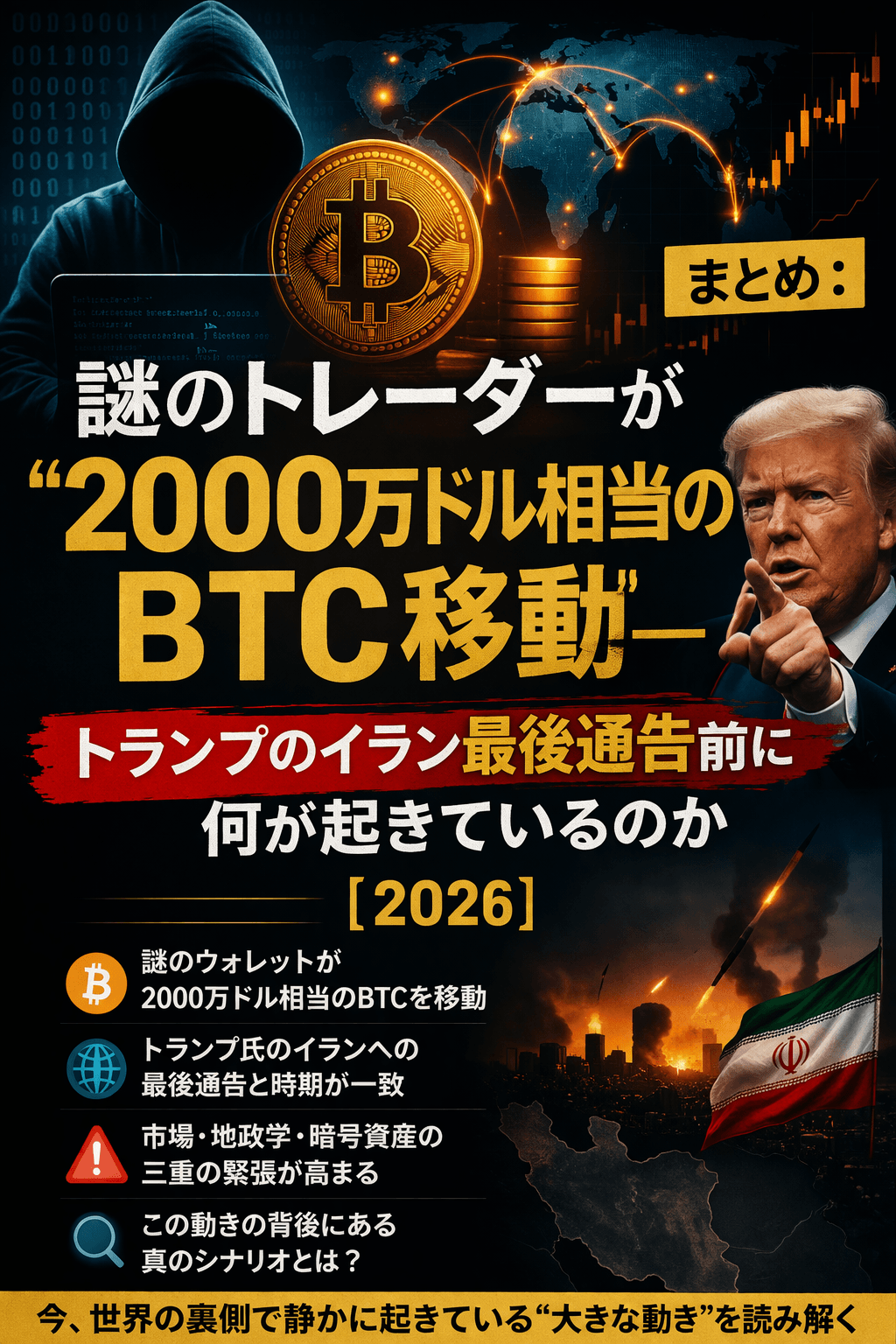 ⚠️まとめ：謎のトレーダーが“2000万ドル相当のBTC移動”──トランプのイラン最後通告前に何が起きているのか【2026】