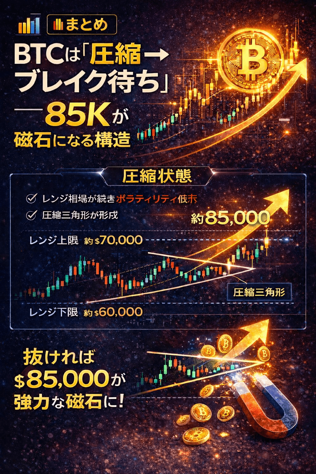 ツイートから学ぶ📊まとめ：BTCは「圧縮→ブレイク待ち」──85Kが磁石になる構造