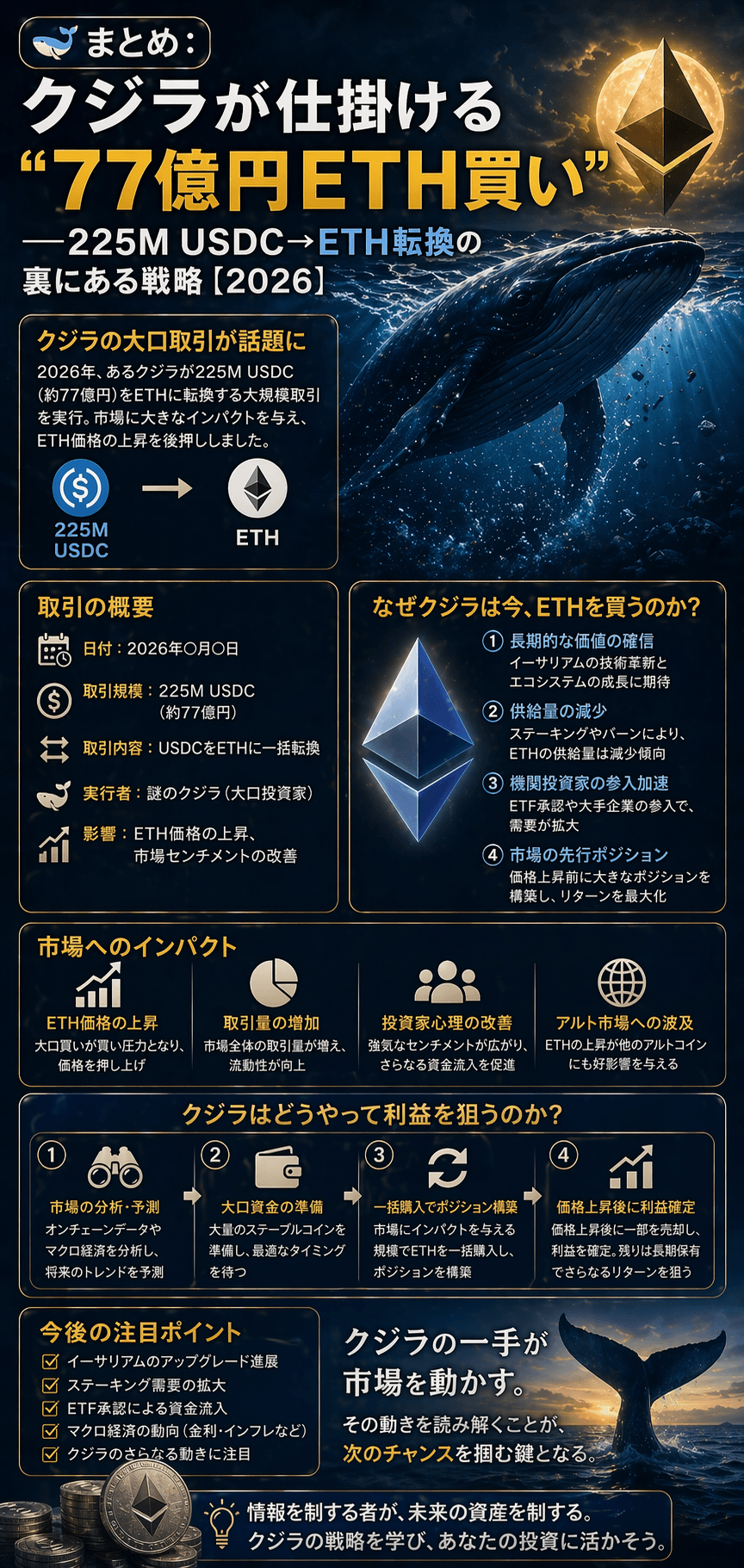 🐋まとめ：クジラが仕掛ける「77億円ETH買い」─225M USDC→ETH転換の裏にある戦略【2026】