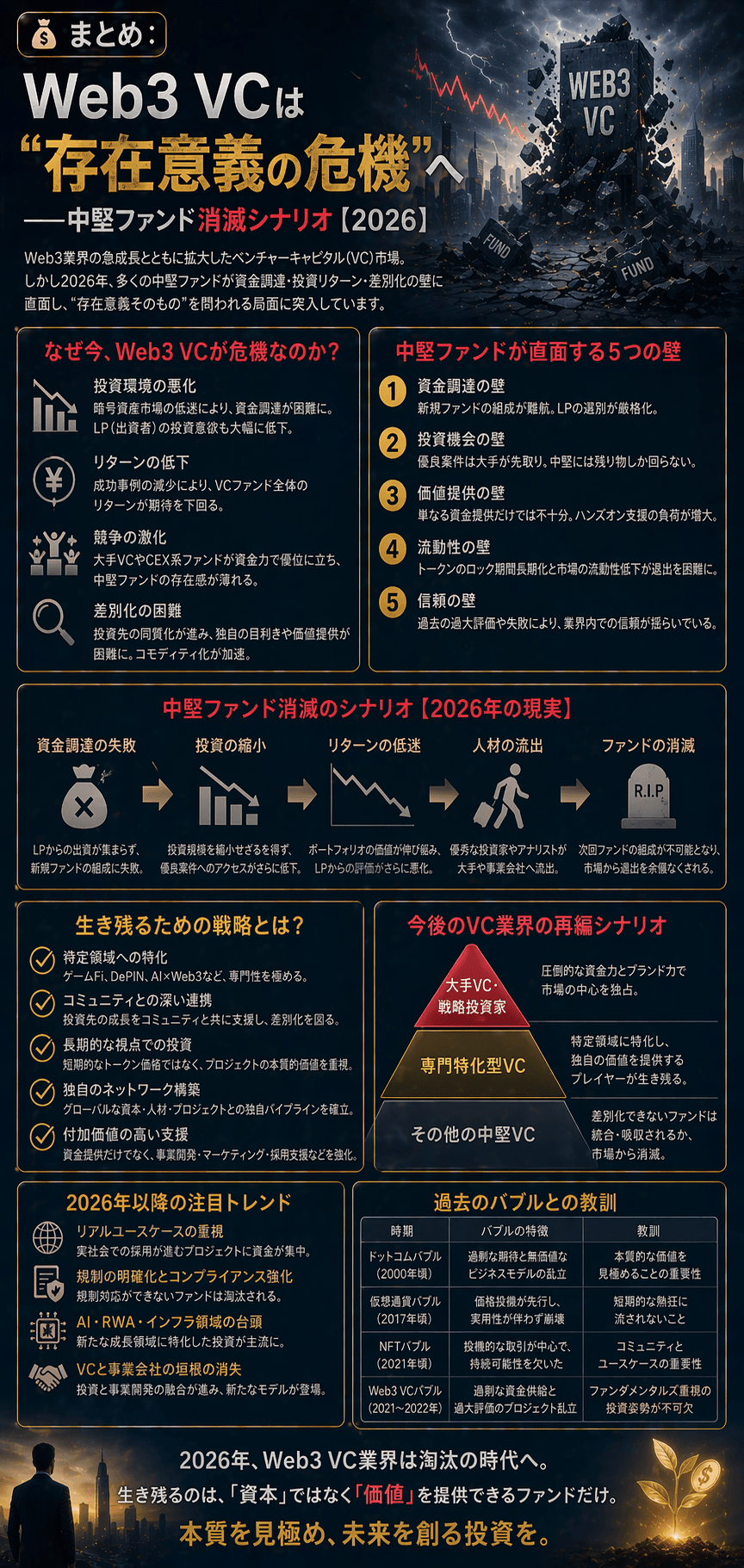 💰まとめ：Web3 VCは“存在意義の危機”へ──中堅ファンド消滅シナリオ【2026】 Web3（暗号資産）領域のベンチャーキャピタル（VC）は今、単なる不況ではなく“構造的な崩壊”に直面しています。 2026年現在、その本質はシンプルです：