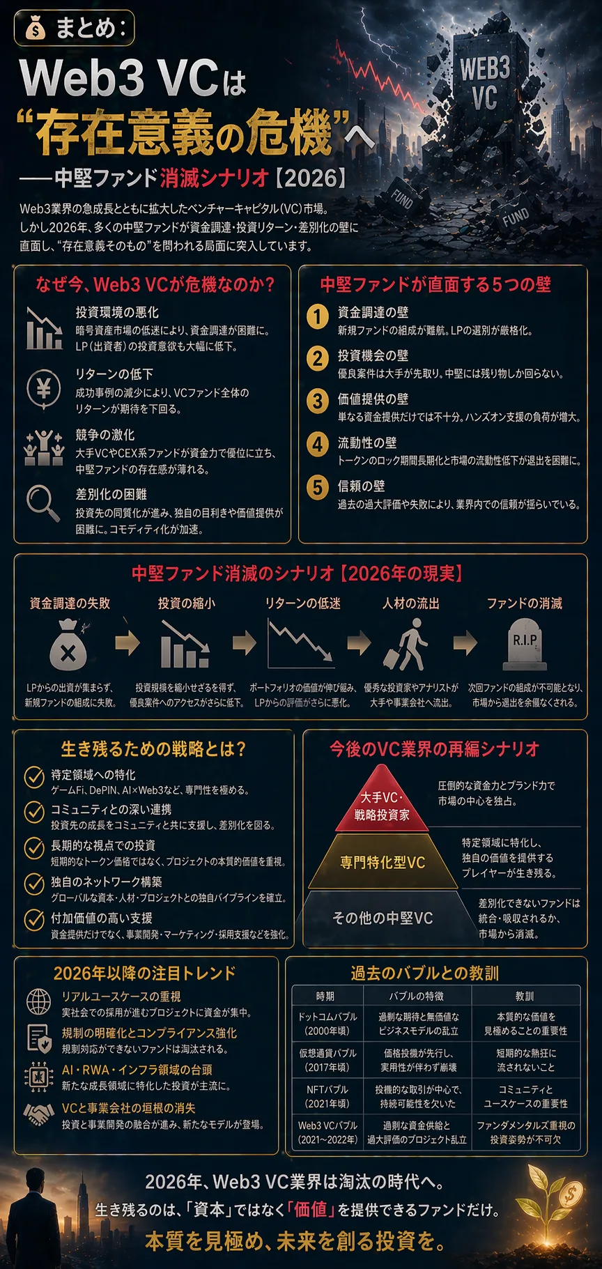 💰まとめ：Web3 VCは“存在意義の危機”へ──中堅ファンド消滅シナリオ【2026】 Web3（暗号資産）領域のベンチャーキャピタル（VC）は今、単なる不況ではなく“構造的な崩壊”に直面しています。 2026年現在、その本質はシンプルです：