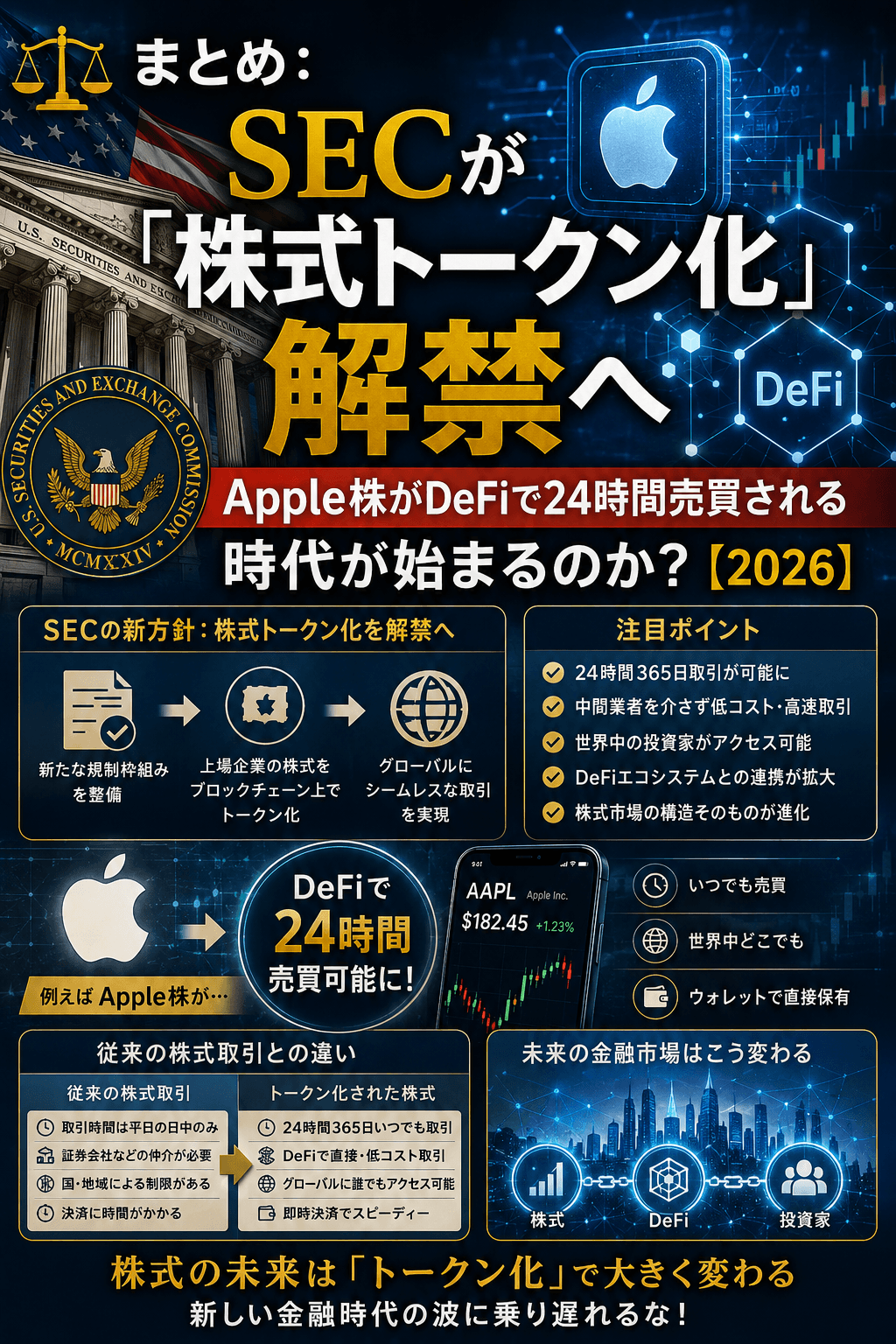 ChatGPT Image 2026年5月21日 11_09_44 ⚖️まとめ:SECが「株式トークン化」解禁へ──Apple株がDeFiで24時間売買される時代が始まるのか?【2026】