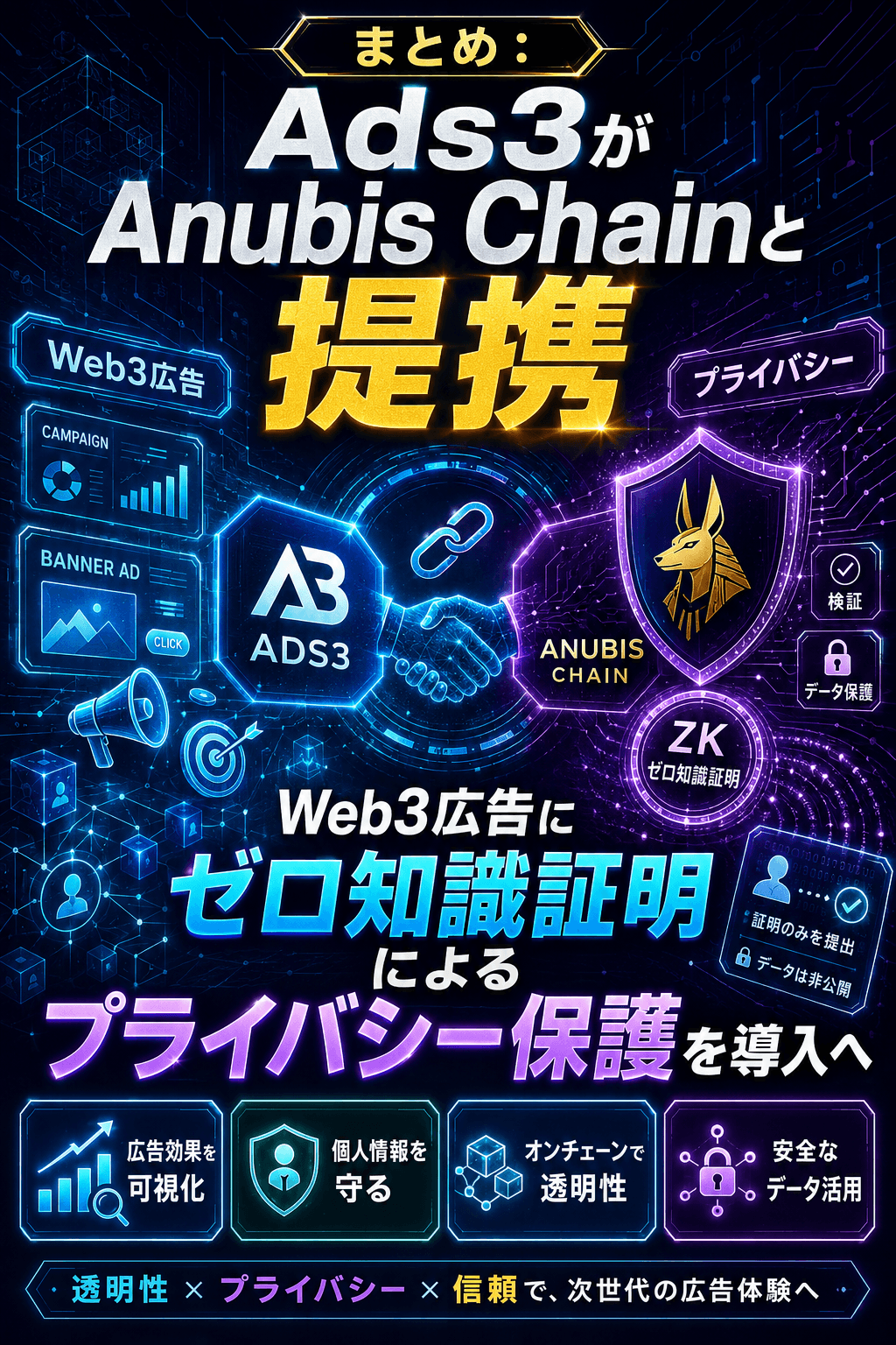 ChatGPT Image 2026年6月12日 15_27_49 まとめ:Ads3がAnubis Chainと提携──Web3広告にゼロ知識証明によるプライバシー保護を導入へ