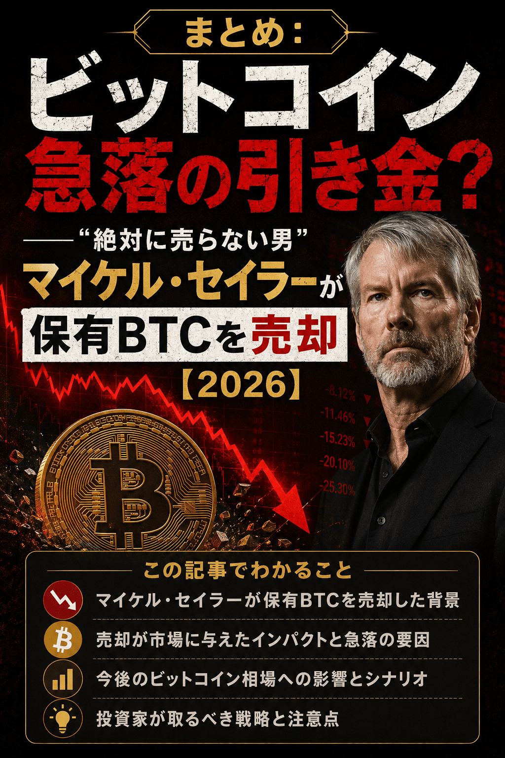まとめ：ビットコイン急落の引き金？──“絶対に売らない男”マイケル・セイラーが保有BTCを売却【2026】