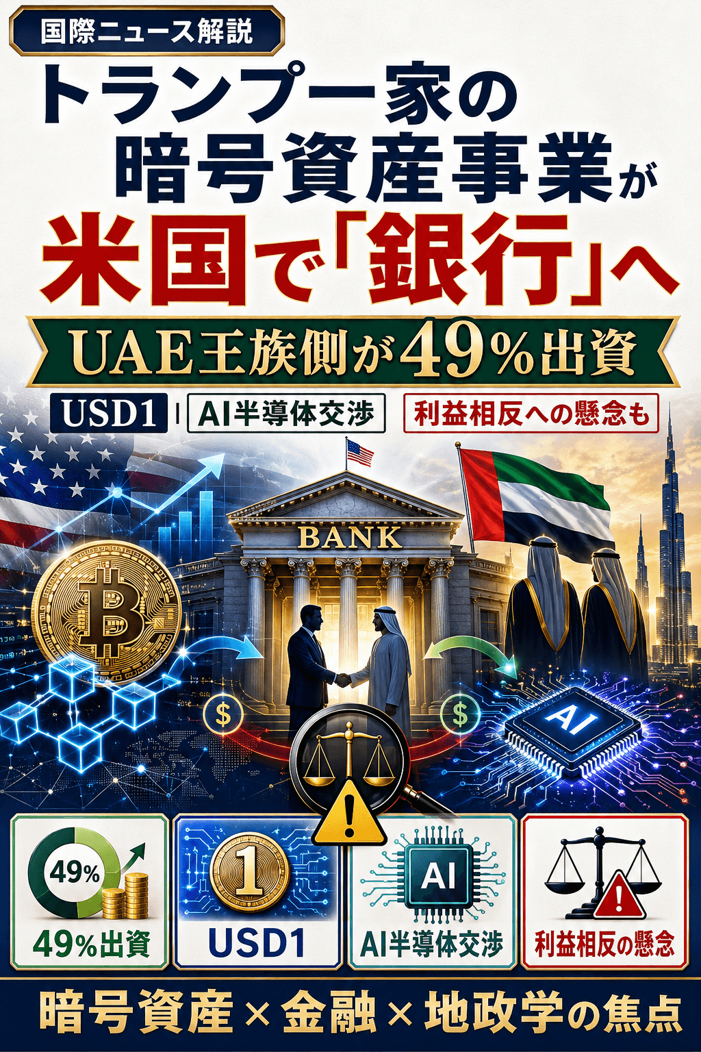 トランプ一家の暗号資産事業が米国で「銀行」へ UAE王族側が49%出資、USD1とAI半導体交渉をめぐり利益相反への懸念も