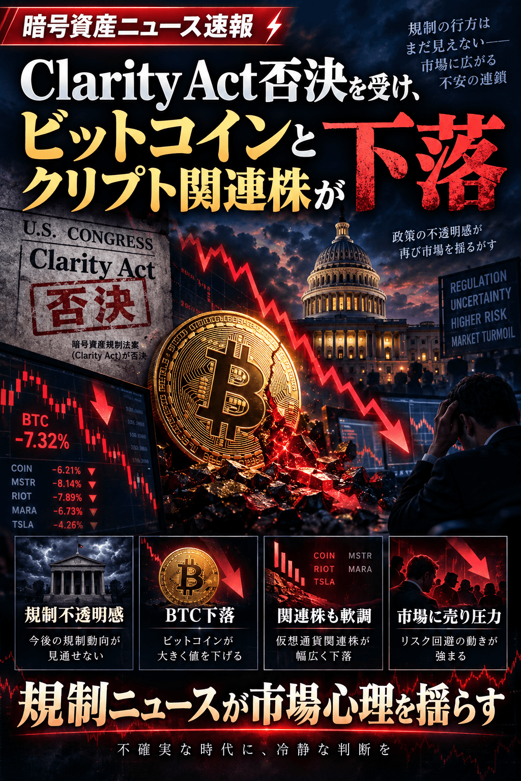 Clarity Act否決を受け、ビットコインとクリプト関連株が下落