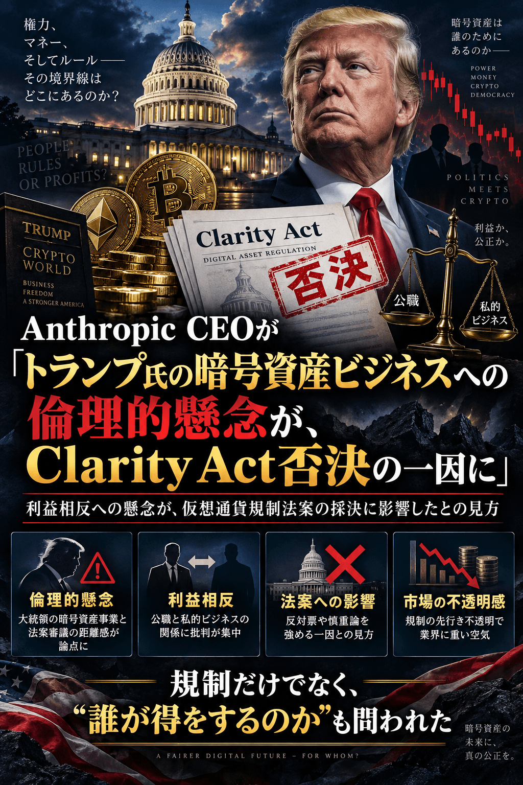トランプ氏の暗号資産ビジネスへの倫理的懸念が、Clarity Act否決の一因に