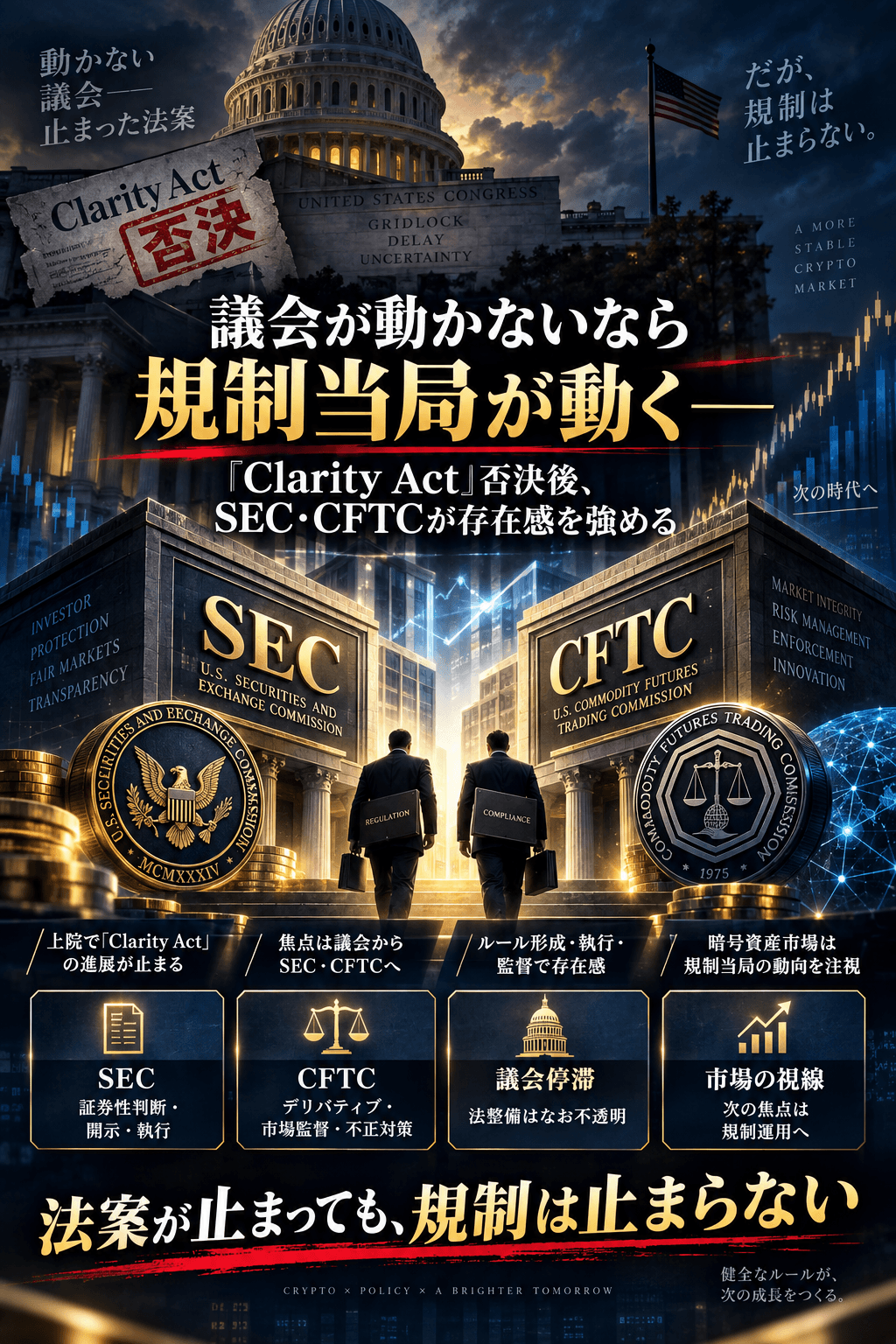 議会が動かないなら規制当局が動く──「Clarity Act」否決後、SEC・CFTCが存在感を強める