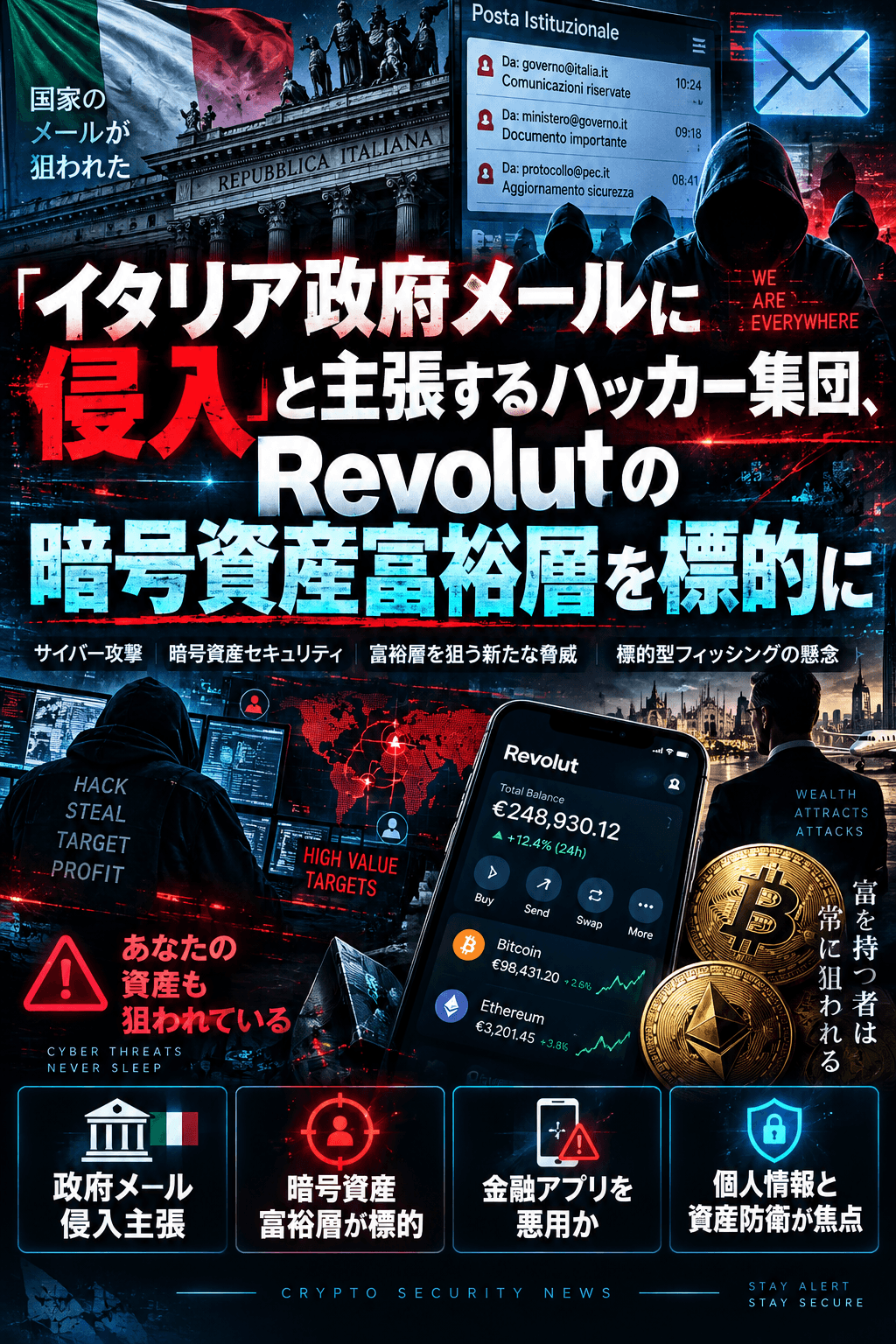 「イタリア政府メールに侵入」と主張するハッカー集団、Revolutの暗号資産富裕層を標的に