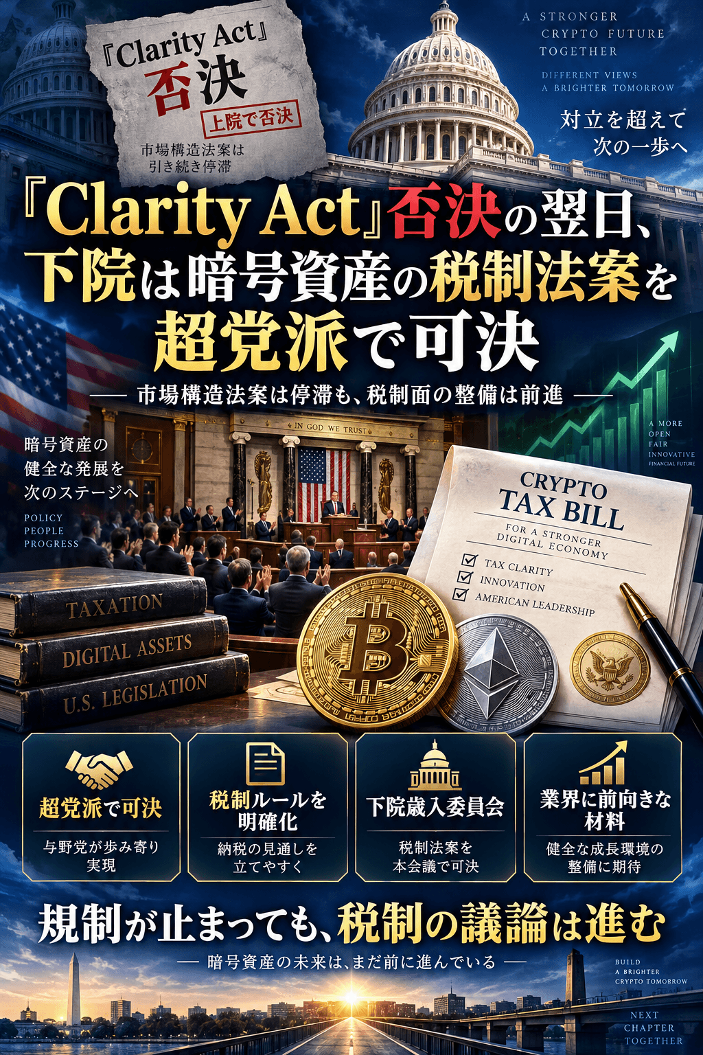 「Clarity Act」否決の翌日、下院は暗号資産の税制法案を超党派で可決