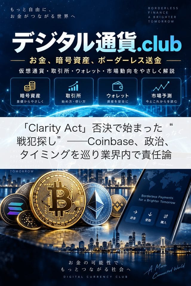 「Clarity Act」否決で始まった戦犯探し──Coinbase、政治、タイミングを巡り業界内で責任論